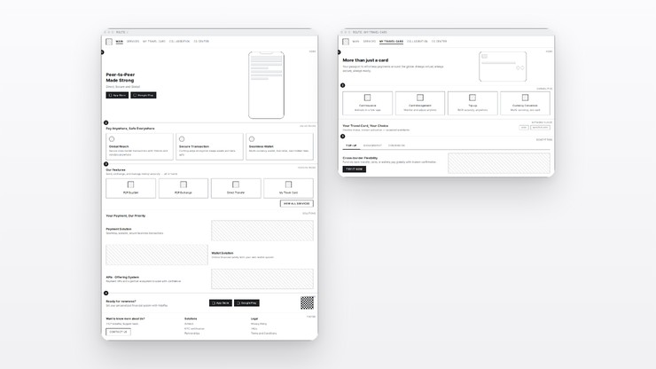 HolaPay wireframes — consumer landing and travel-card pages